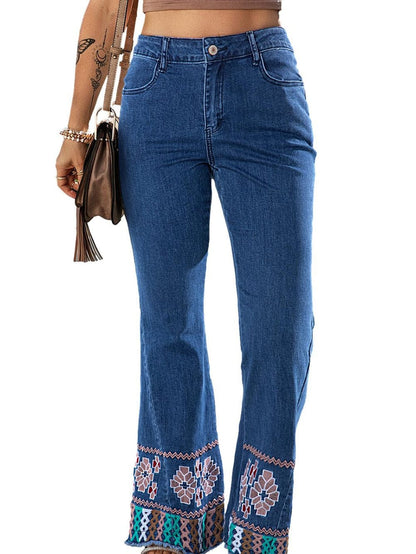 Geometric Embroidered Ashleigh Blue Flared Denim Jeans with Raw Hem