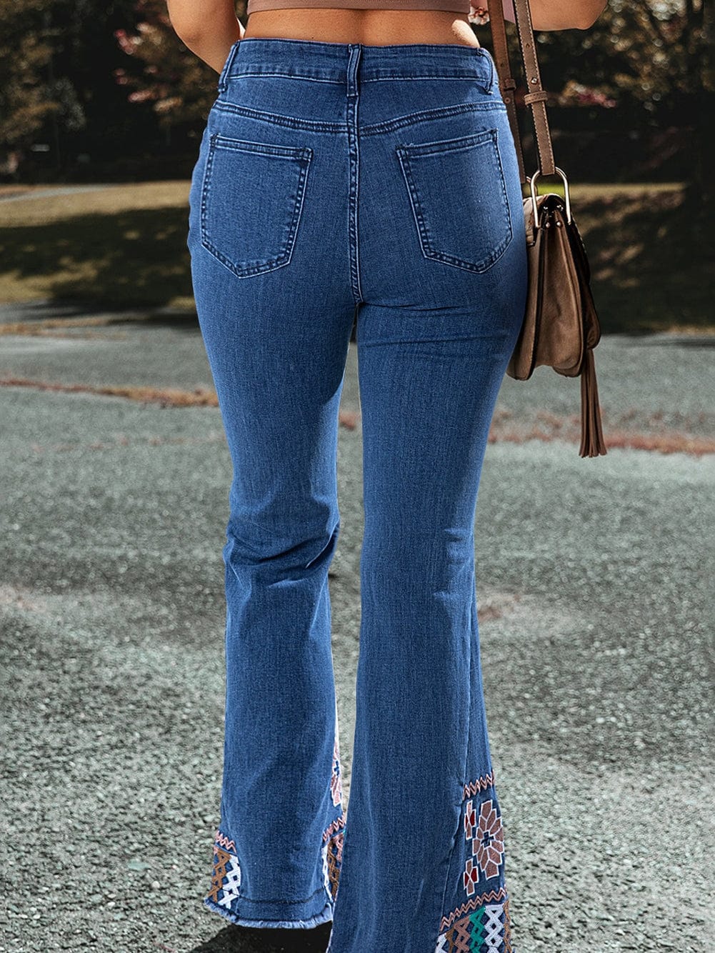 Geometric Embroidered Ashleigh Blue Flared Denim Jeans with Raw Hem