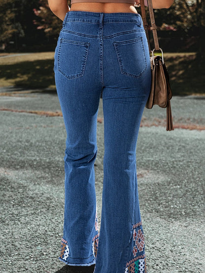 Geometric Embroidered Ashleigh Blue Flared Denim Jeans with Raw Hem