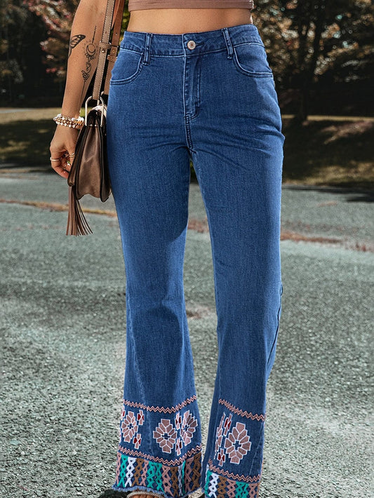 Geometric Embroidered Ashleigh Blue Flared Denim Jeans with Raw Hem