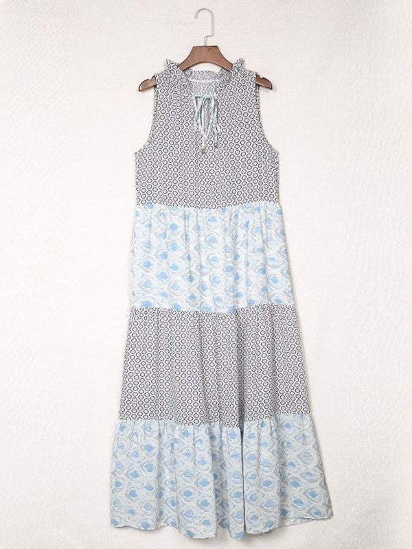 Geometric Patchwork Print Maxi Dress with Backless Detail