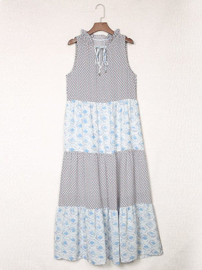 Geometric Patchwork Print Maxi Dress with Backless Detail