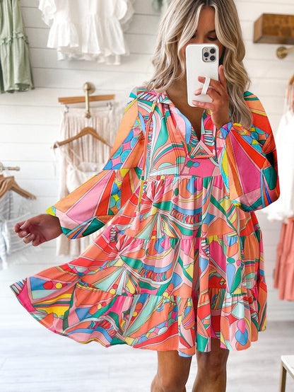 Geometric Print Boho Chic Mini Dress with Split Neck Ruffle Tiers