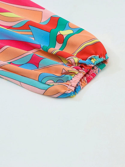 Geometric Print Boho Chic Mini Dress with Split Neck Ruffle Tiers