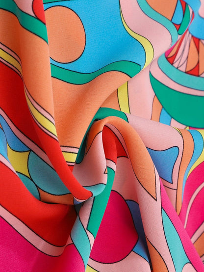 Geometric Print Boho Chic Mini Dress with Split Neck Ruffle Tiers