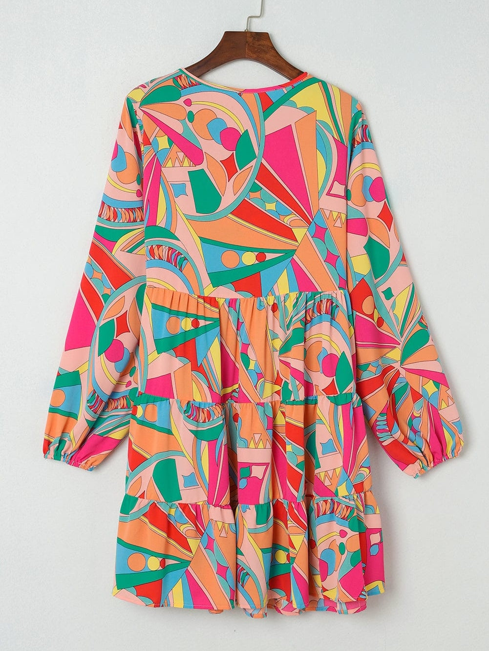 Geometric Print Boho Chic Mini Dress with Split Neck Ruffle Tiers