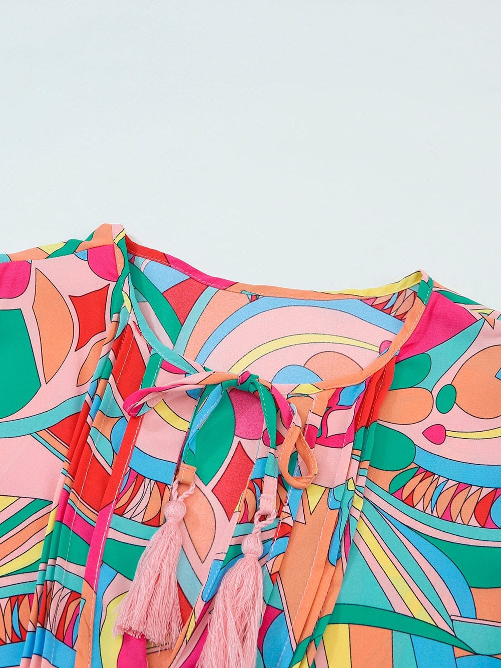 Geometric Print Boho Chic Mini Dress with Split Neck Ruffle Tiers