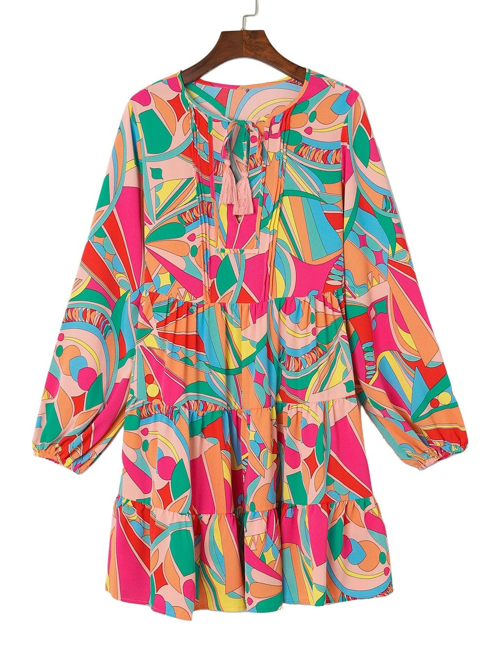 Geometric Print Boho Chic Mini Dress with Split Neck Ruffle Tiers