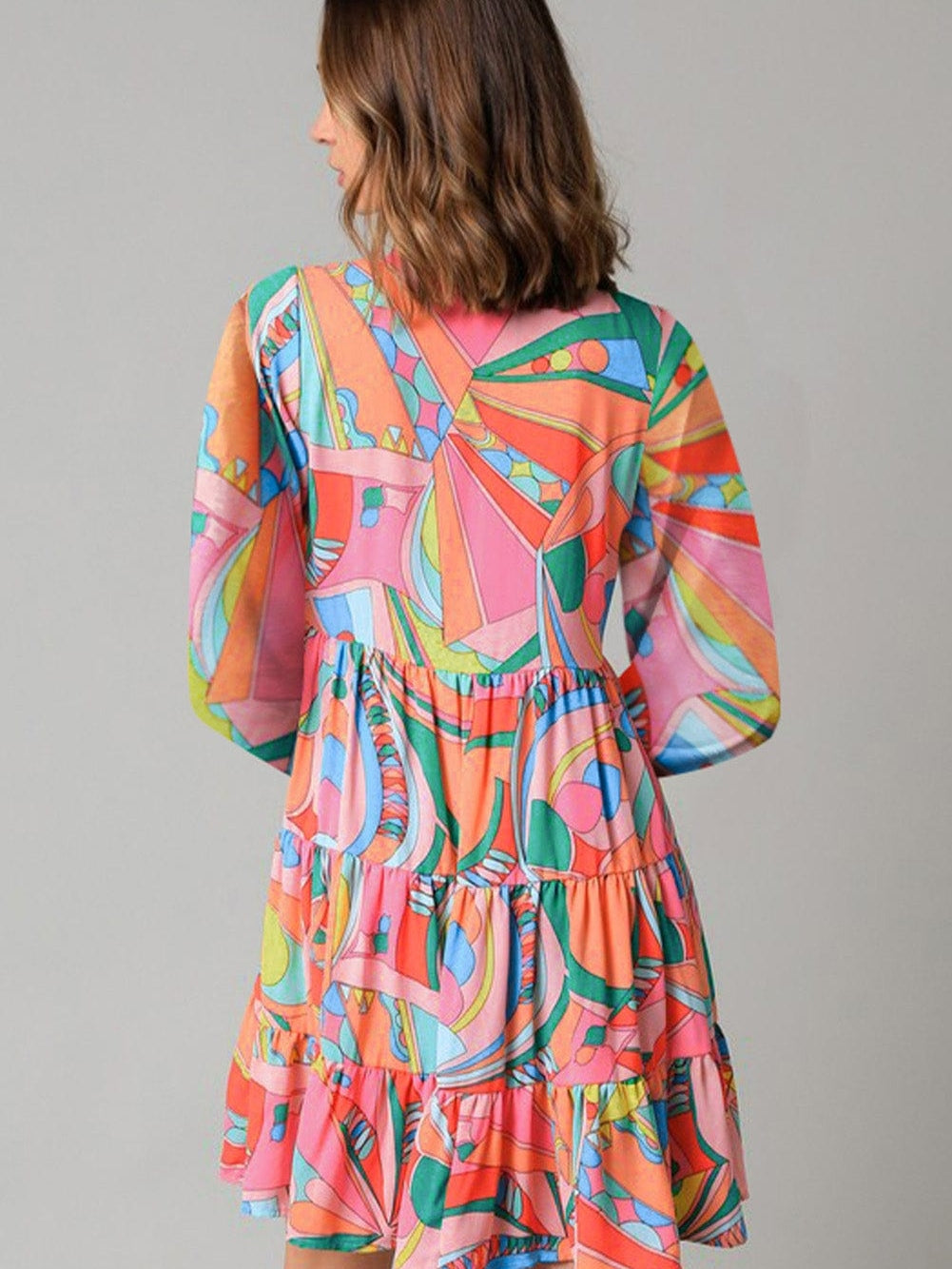 Geometric Print Boho Chic Mini Dress with Split Neck Ruffle Tiers