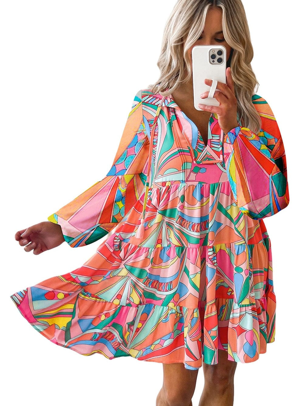Geometric Print Boho Chic Mini Dress with Split Neck Ruffle Tiers
