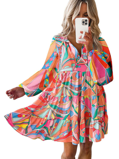 Geometric Print Boho Chic Mini Dress with Split Neck Ruffle Tiers