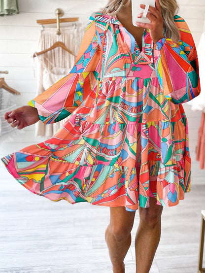Geometric Print Boho Chic Mini Dress with Split Neck Ruffle Tiers