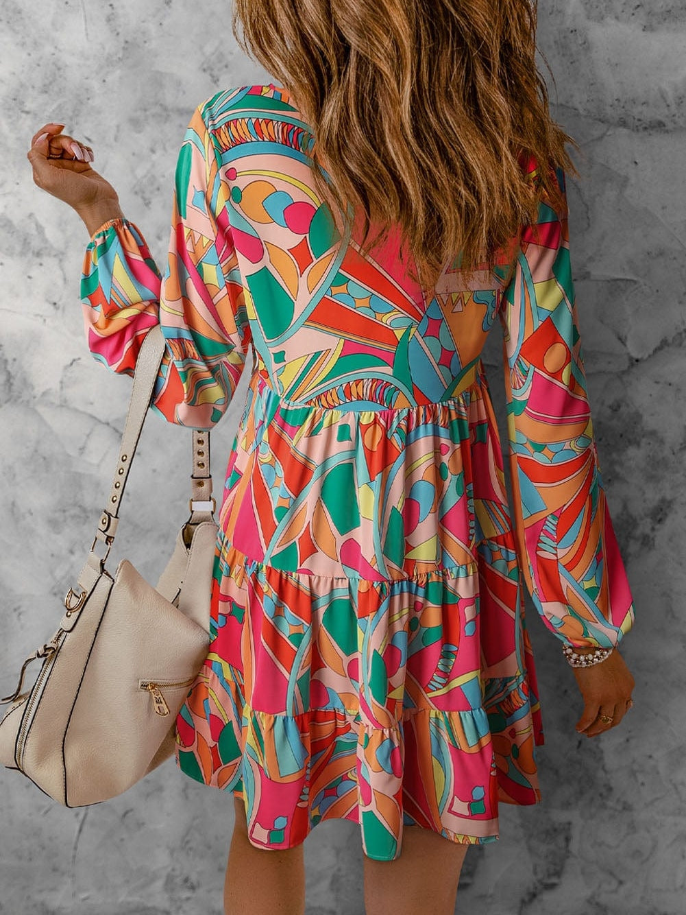 Geometric Print Boho Chic Mini Dress with Split Neck Ruffle Tiers