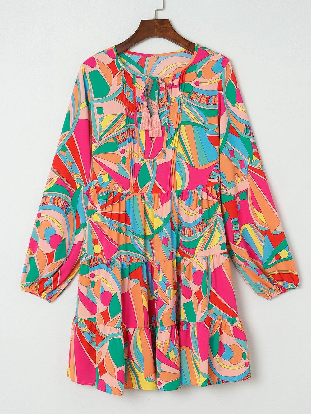 Geometric Print Boho Chic Mini Dress with Split Neck Ruffle Tiers