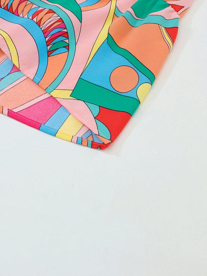 Geometric Print Boho Chic Mini Dress with Split Neck Ruffle Tiers