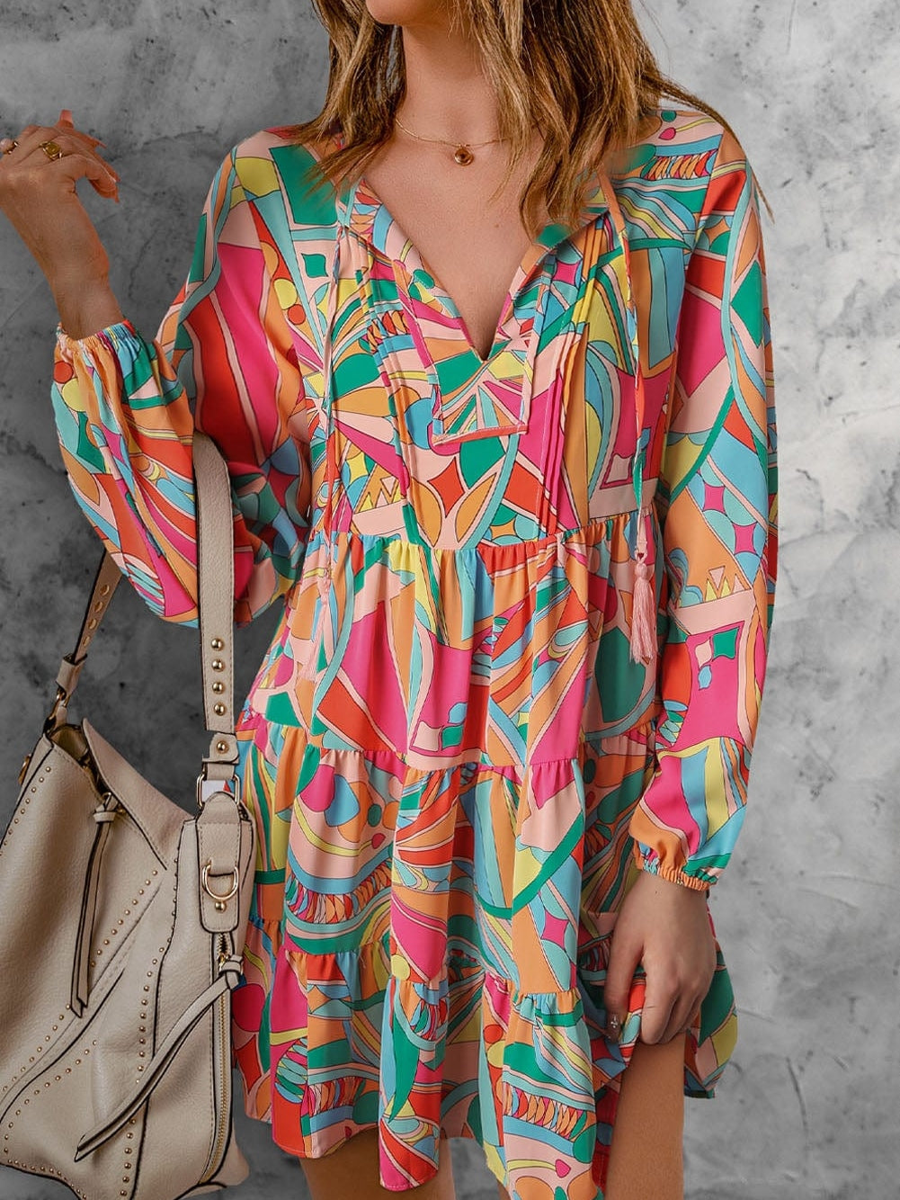 Geometric Print Boho Chic Mini Dress with Split Neck Ruffle Tiers