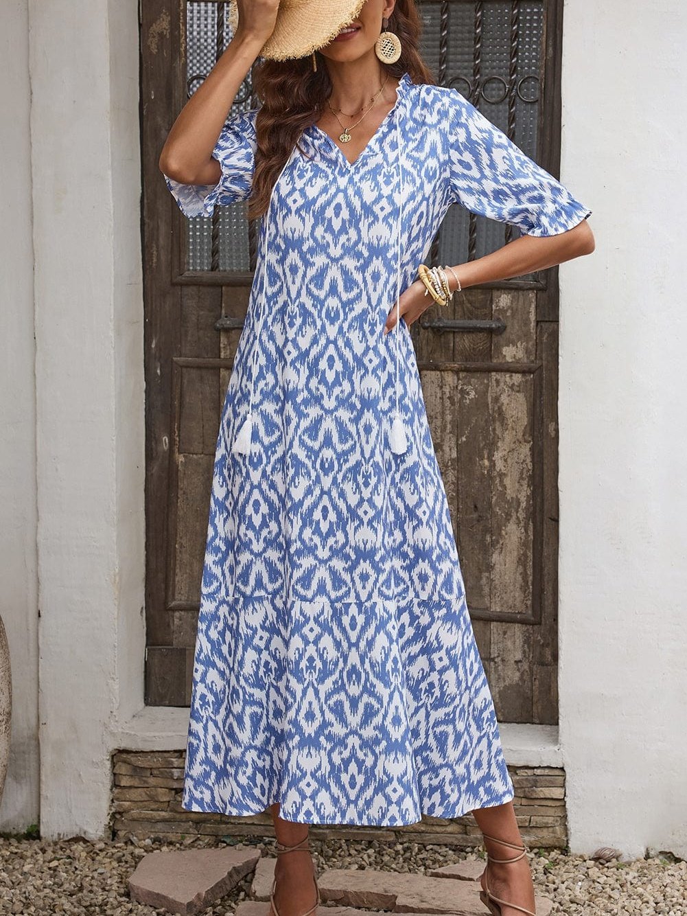 Geometric Print Sky Blue V Neck Maxi Dress for Casual Chic