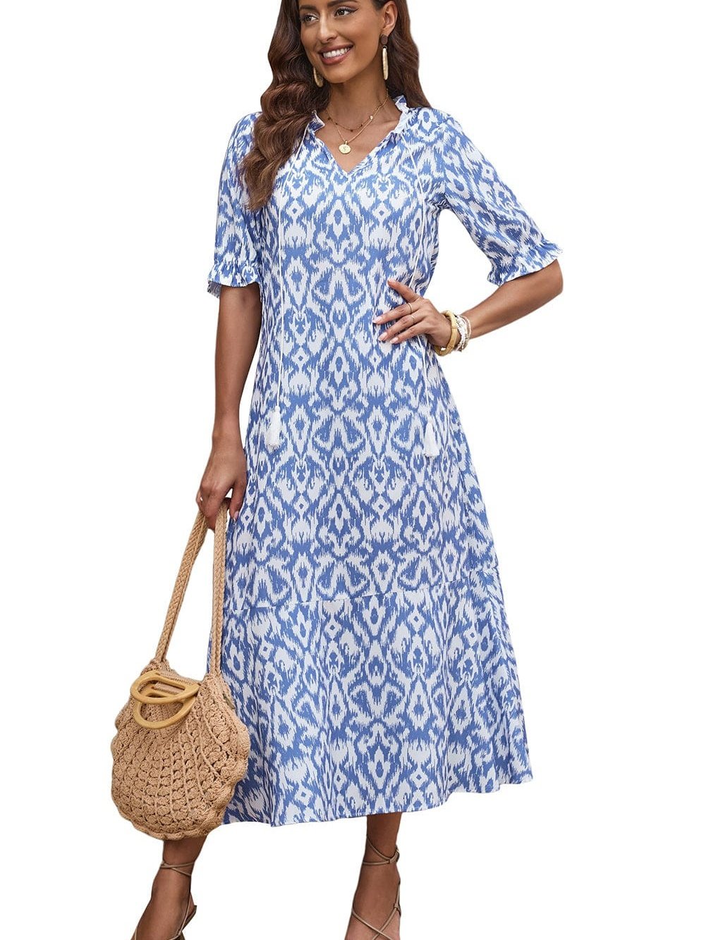 Geometric Print Sky Blue V Neck Maxi Dress for Casual Chic