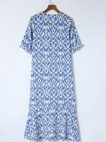 Geometric Print Sky Blue V Neck Maxi Dress for Casual Chic