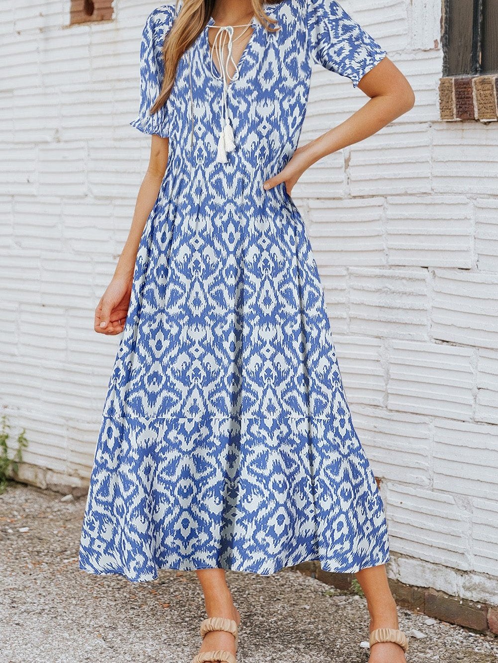 Geometric Print Sky Blue V Neck Maxi Dress for Casual Chic