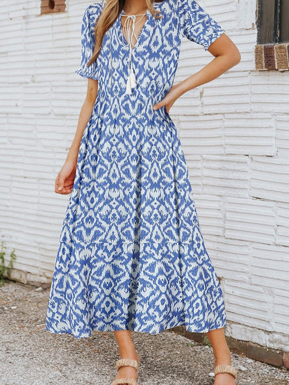 Geometric Print Sky Blue V Neck Maxi Dress for Casual Chic