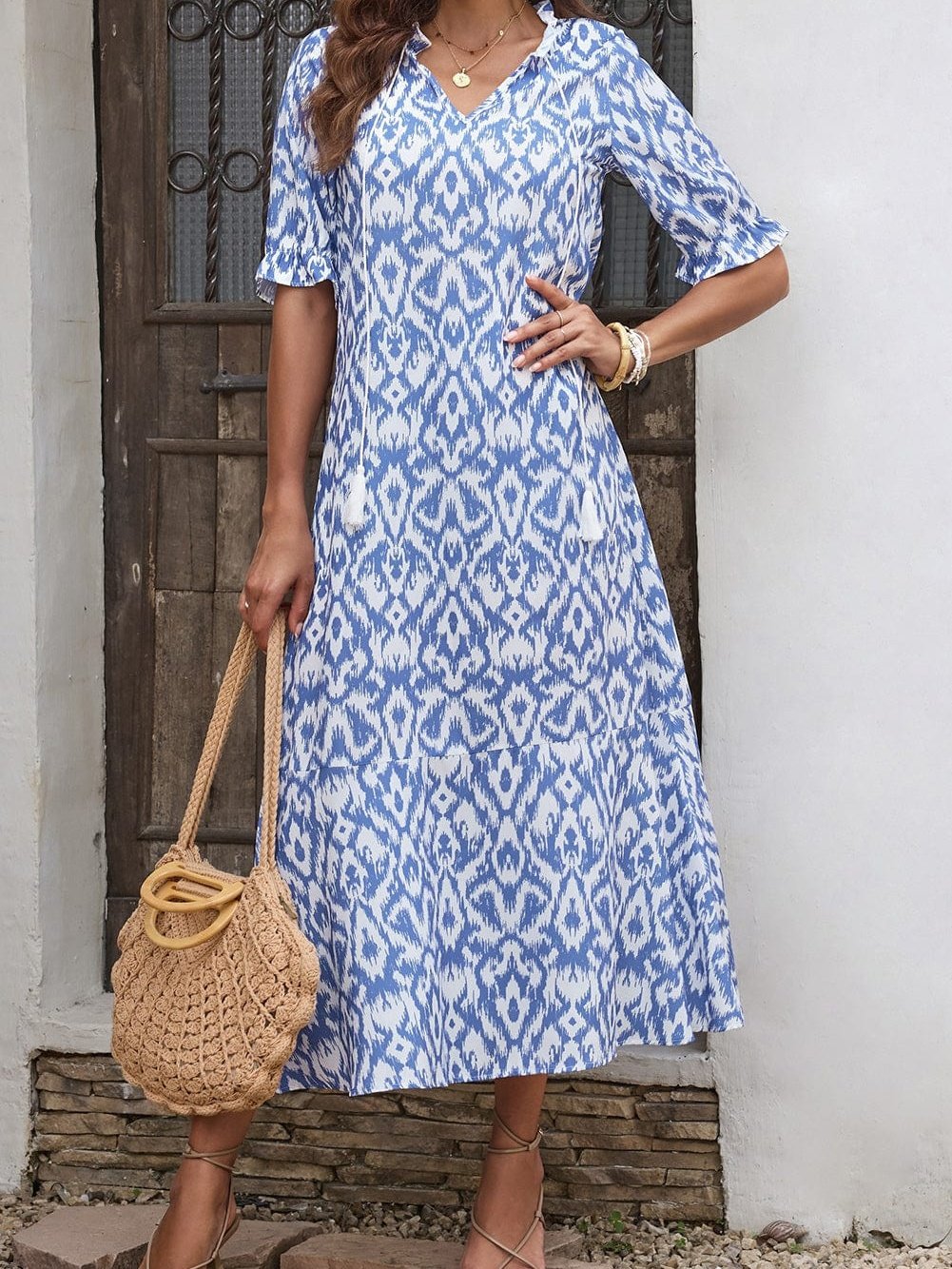 Geometric Print Sky Blue V Neck Maxi Dress for Casual Chic