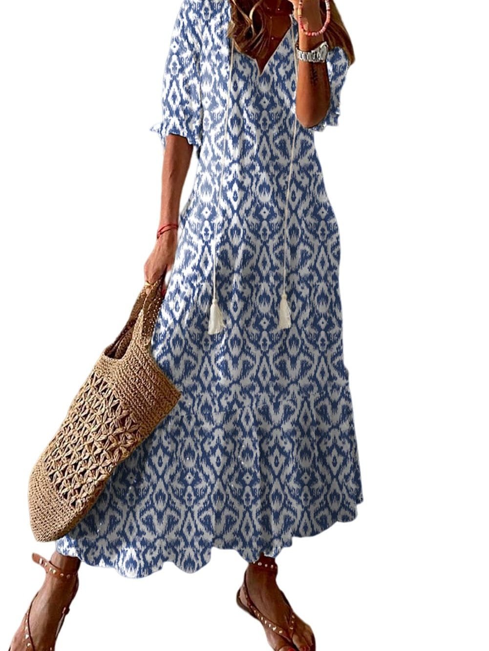 Geometric Print Sky Blue V Neck Maxi Dress for Casual Chic