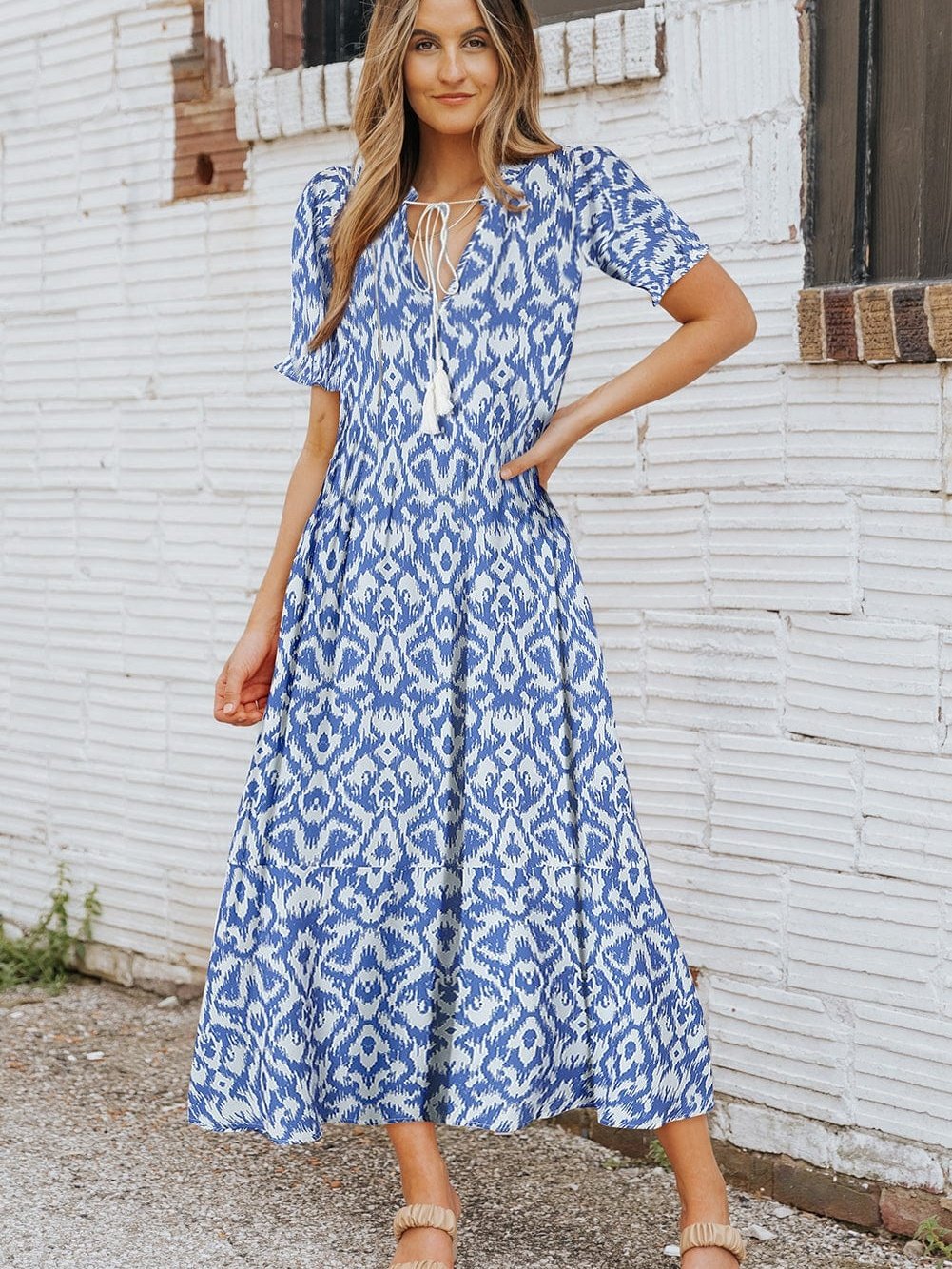 Geometric Print Sky Blue V Neck Maxi Dress for Casual Chic