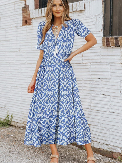 Geometric Print Sky Blue V Neck Maxi Dress for Casual Chic