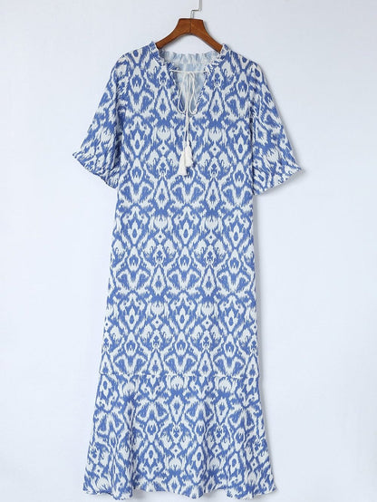 Geometric Print Sky Blue V Neck Maxi Dress for Casual Chic