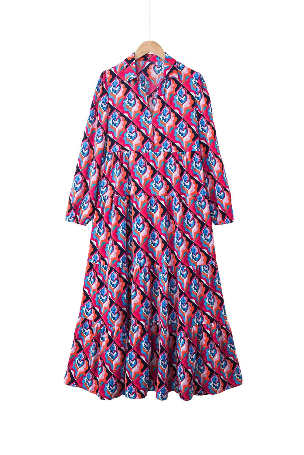 Geometric Print Tiered Ruffle Midi Dress with Abstract Pattern