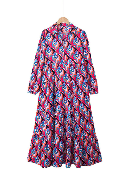 Geometric Print Tiered Ruffle Midi Dress with Abstract Pattern