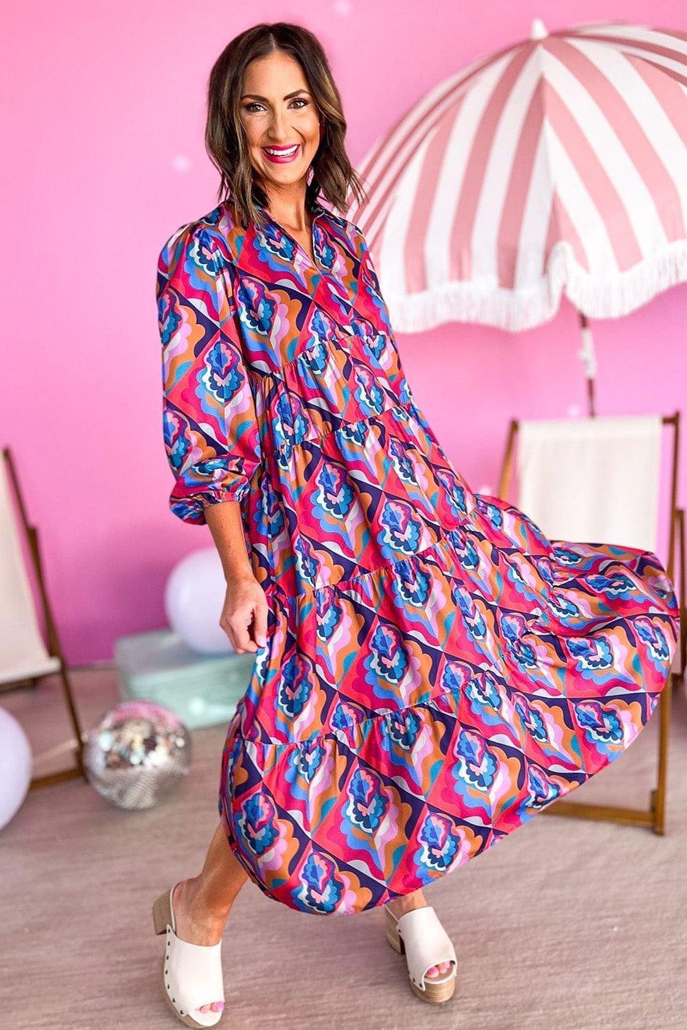 Geometric Print Tiered Ruffle Midi Dress with Abstract Pattern
