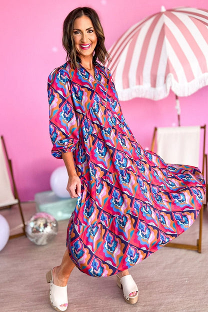 Geometric Print Tiered Ruffle Midi Dress with Abstract Pattern