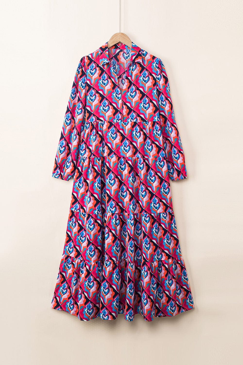 Geometric Print Tiered Ruffle Midi Dress with Abstract Pattern