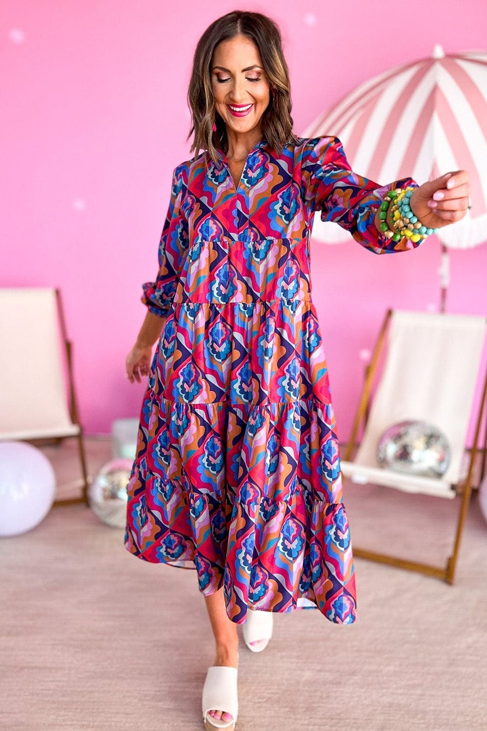 Geometric Print Tiered Ruffle Midi Dress with Abstract Pattern