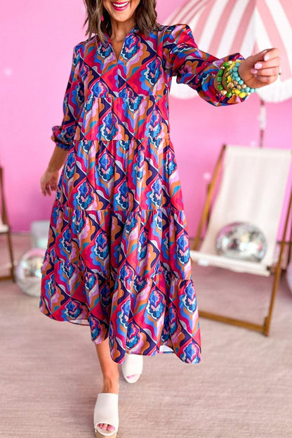 Geometric Print Tiered Ruffle Midi Dress with Abstract Pattern