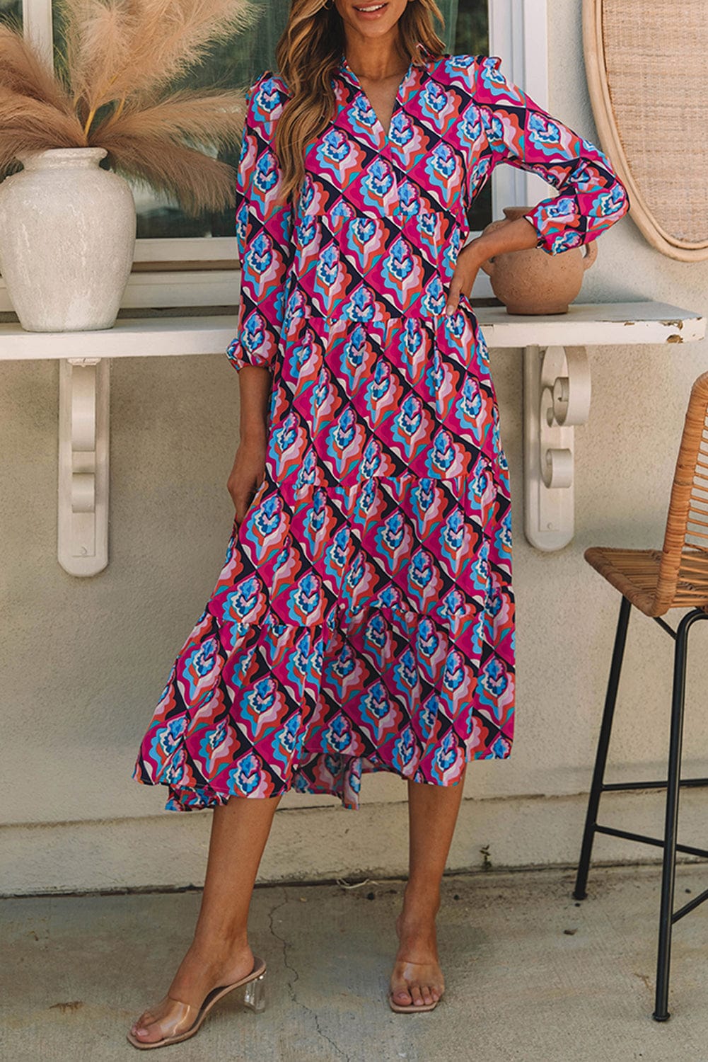 Geometric Print Tiered Ruffle Midi Dress with Abstract Pattern