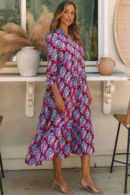 Geometric Print Tiered Ruffle Midi Dress with Abstract Pattern