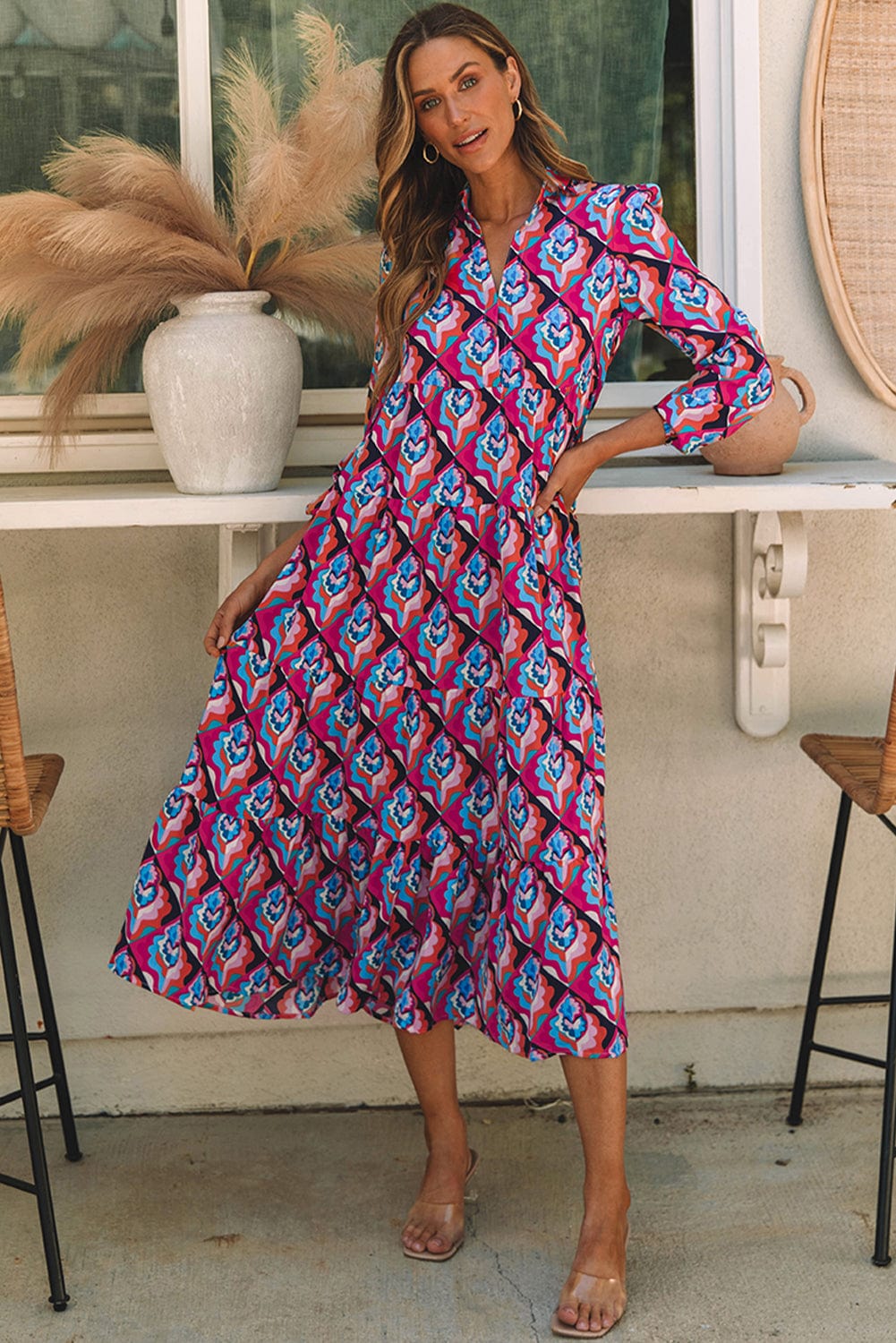 Geometric Print Tiered Ruffle Midi Dress with Abstract Pattern
