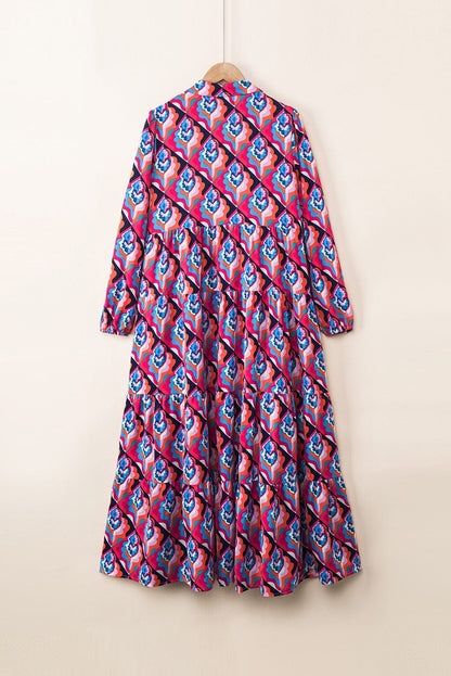 Geometric Print Tiered Ruffle Midi Dress with Abstract Pattern