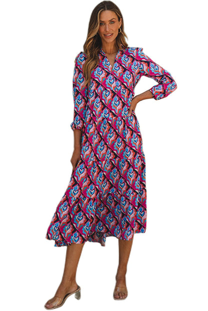 Geometric Print Tiered Ruffle Midi Dress with Abstract Pattern
