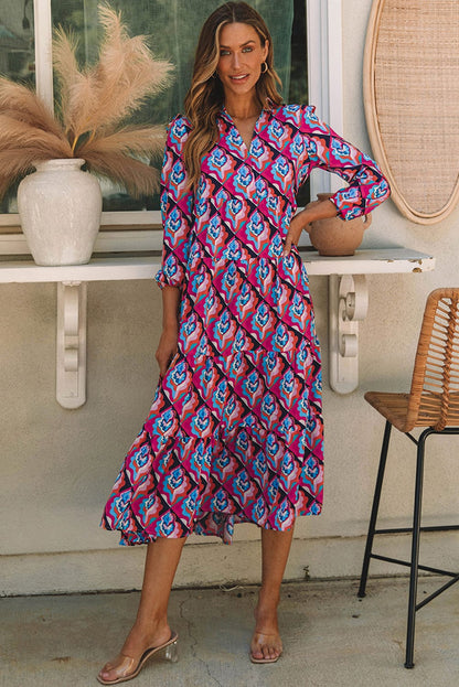 Geometric Print Tiered Ruffle Midi Dress with Abstract Pattern