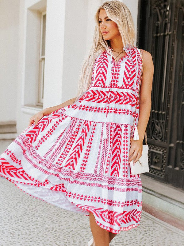 Geometric Print V-Neck Maxi Dress with Lace-Up Fringe Pockets