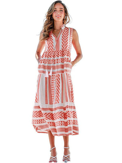 Geometric Print V-Neck Maxi Dress with Lace-Up Fringe Pockets