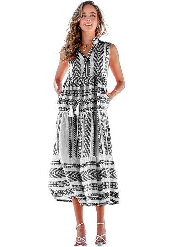 Geometric Print V-Neck Maxi Dress with Lace-Up Fringe Pockets