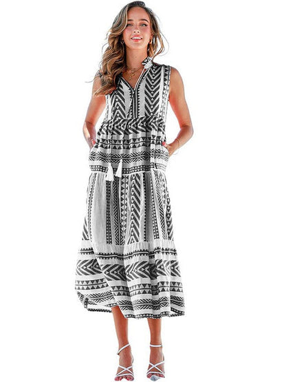 Geometric Print V-Neck Maxi Dress with Lace-Up Fringe Pockets