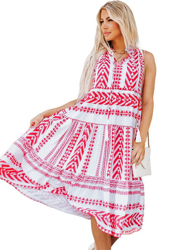 Geometric Print V-Neck Maxi Dress with Lace-Up Fringe Pockets