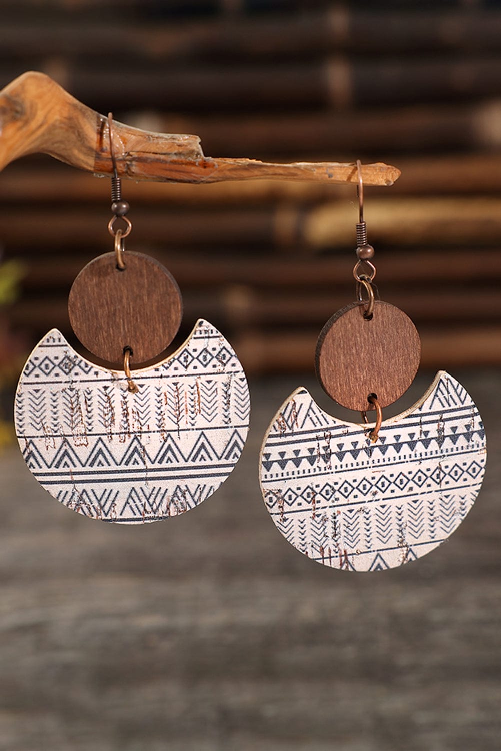 Geometric Striped Wood Drop Earrings with Multicolour Print