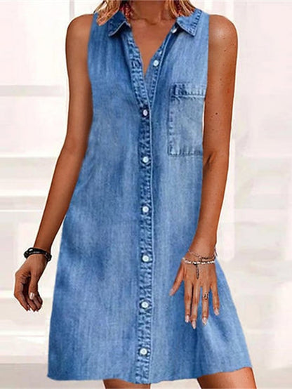 Women's Dress - Casual Dress Denim Shirt Dress Mini Dress Denim Modern Casual Outdoor Daily Shirt Collar Button Pocket Sleeveless Summer Spring 2023 Regular Fit Blue Plain S M L XL 2XL
